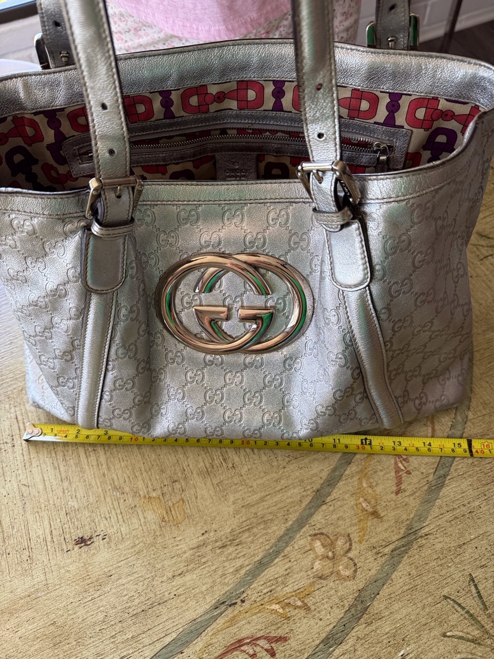 Vintage Gucci Metallic Silver GG Logo Shoulder Tote Bag Authentic - Picture 12 of 15